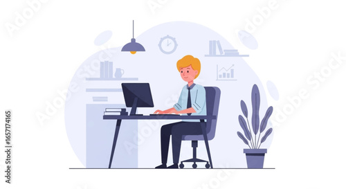 Young professional working diligently at a modern office desk, using a computer. Ideal for business, remote work, education, and productivity concepts.