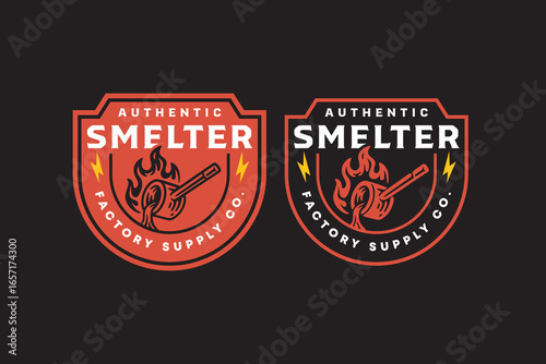Molten metal ladle with fire retro badge logo design set for Industrial. Smelting ladle with flame vintage emblem label element designs collections. Metalworking, Smelter factory. Vector Illustration