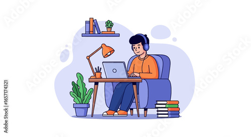 Young person working remotely from home, focused on a laptop with headphones, ideal for online learning, freelancing, or comfortable business concepts.