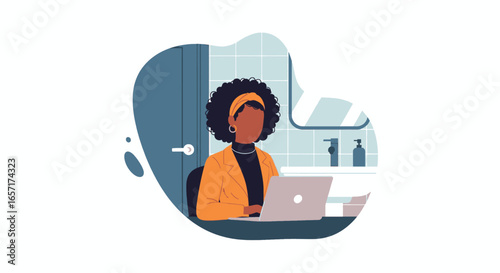 A focused Black woman in an orange blazer works diligently on her laptop in a modern interior, symbolizing remote work, productivity, and modern business.