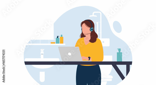 Woman in headset working on laptop from a bathroom, illustrating the flexibility and challenges of remote work or an unconventional workspace. Ideal for business and lifestyle concepts.