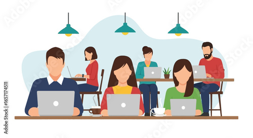 Diverse professionals collaborate in a modern coworking space or office, highlighting teamwork, remote work, and digital productivity.