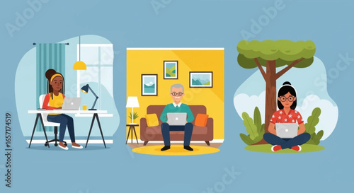 Diverse individuals working remotely on laptops in varied settings, illustrating modern work flexibility and productivity from home or outdoors.