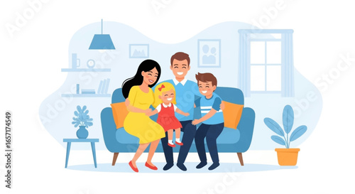 Smiling family of four, including parents and two children, happily relaxing on a comfortable sofa at home. Represents family life, bonding, and togetherness.