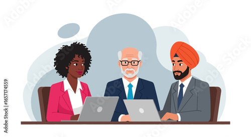 Diverse business team collaborating on laptops. Represents teamwork, partnership, and professional development in a modern office setting. Ideal for corporate and HR concepts.