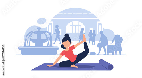 A woman practices yoga in a busy public terminal, finding calm and balance amidst the hustle. Illustrates wellness, mindfulness, and fitness for a modern lifestyle.