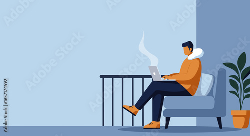 Relaxed person working on a laptop outdoors on a balcony. Ideal for modern remote work, digital lifestyle, and flexible working from home concepts.