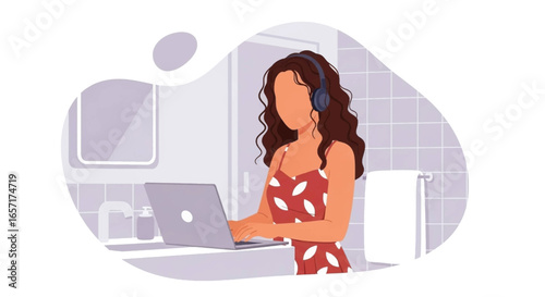 A young woman works remotely from home, using her laptop and headphones in a comfortable bathroom setting. Ideal for themes of flexible work, modern lifestyle, and productivity.