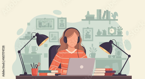Focused young woman with headphones studying or working remotely on laptop at her cozy home desk. Ideal for online education, remote work, or quiet productivity concepts.