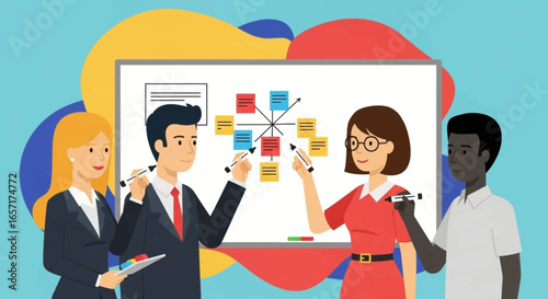 Diverse business team collaborating on a whiteboard, brainstorming ideas and developing strategies for success in a modern office environment.