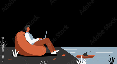 Man working on laptop outdoors by the water, illustrating remote work, digital nomad lifestyle, and flexibility. Ideal for business, technology, or travel concepts.