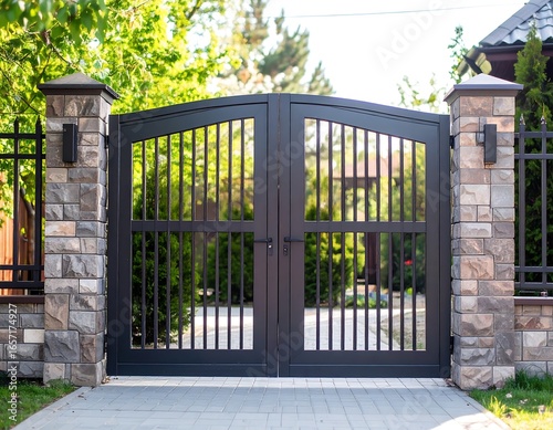 Modern double driveway gate with stone pillars