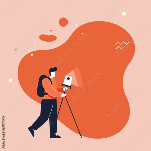Person with backpack using a camera or device on a tripod, capturing or projecting light. Ideal for concepts of exploration, technology, hobby, or creative work.