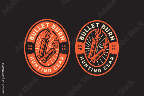 Flaming bullets retro badge logo design set for hunting sport. Ammunition with burn fire vintage emblem label element designs collections. Ammo, Shooter, Supply, Hunter, Tactical. Vector Illustration