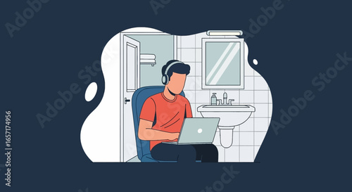 Man in headphones focused on laptop in an unconventional bathroom setting, illustrating remote work, work-life balance, or digital nomad lifestyle.
