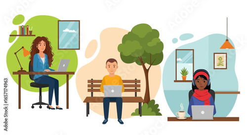 People working remotely from diverse locations: home, park, and office. Modern flexible work arrangements and global connectivity.