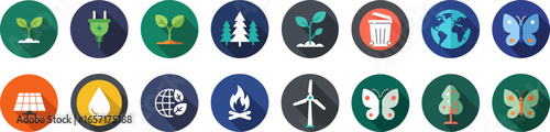 Set of 16 circular icons with nature and sustainability themes in bold green, blue, yellow, and orange colors