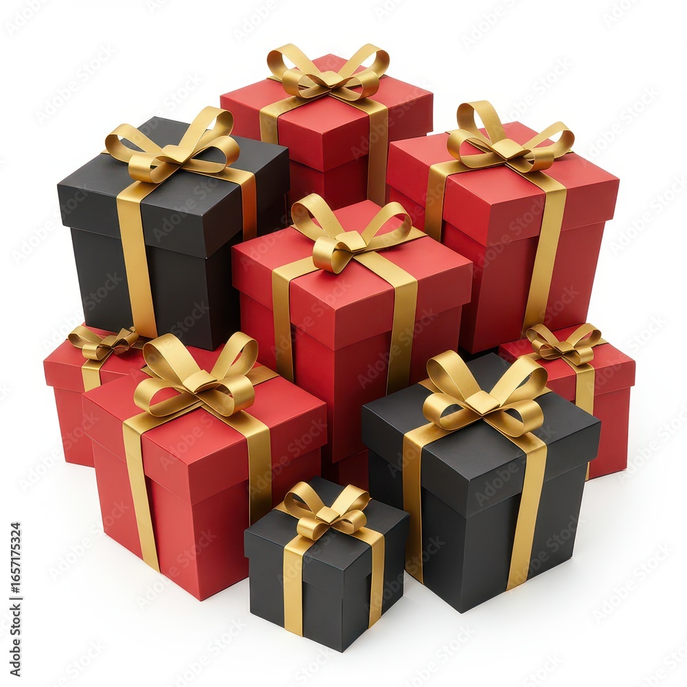 Fototapeta premium Red and black Christmas gift boxes with golden ribbons, festive holiday presents for seasonal greeting cards, shopping promotions, packaging mockups, winter celebration ads, or digital design use