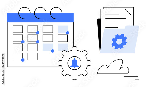 Calendar with event markers, notification gear, folder with documents, and cloud. Ideal for organization, scheduling, automation, productivity, task management reminders simple landing page