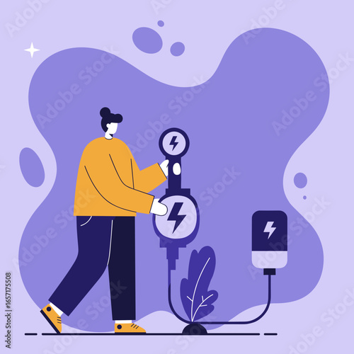 Person controls an energy lever, symbolizing power, electricity, and sustainable solutions. Ideal for business, technology, and electric charging concepts.