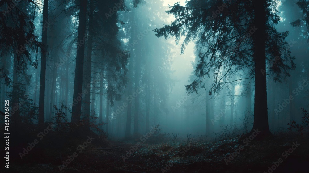 Fototapeta premium Mysterious Foggy Forest Landscape with Tall Trees and Ethereal Atmosphere at Dawn
