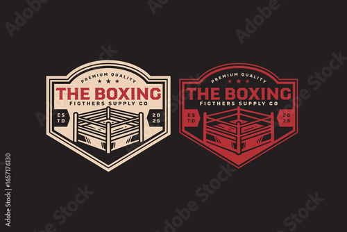 Boxing ring retro badge logo design set for fighting sport. Boxing arena vintage emblem label element designs collections. Boxer, Fighter, Martial arts, Arena, Tournament. Vector Illustration