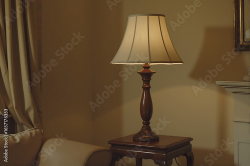 lamp on the table, Classic wooden lamp with a carved stand and cream-colored shade, set in a vintage living room interior
