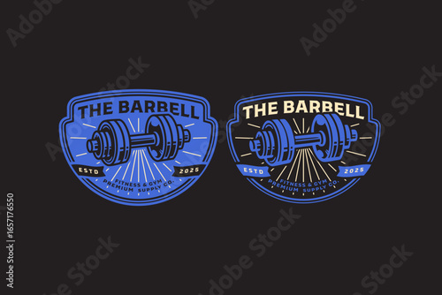 Barbell gym gear retro badge logo design set for weightlifting. Dumbbell fitness equipment vintage emblem label element designs collections. Bodybuilding, Workout, Athlete. Vector Illustration
