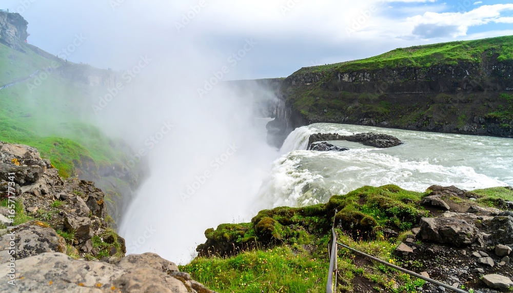 Fototapeta premium Majestic waterfall cascades down a rugged cliff face, shrouded in a misty spray, showcasing Iceland's dramatic landscape.