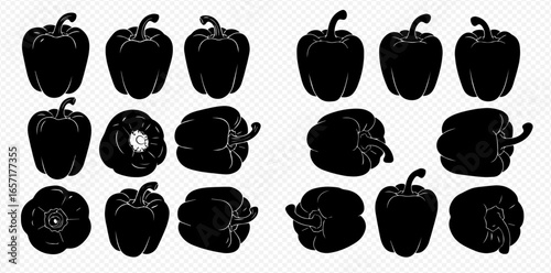 A collection of black bell pepper silhouettes shown from various angles on a transparent background.