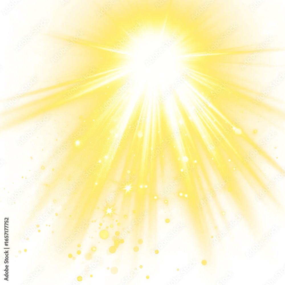 Obraz premium Bright Yellow Light Burst with Sparkling Particles and Glowing Rays Isolated on a transparent background