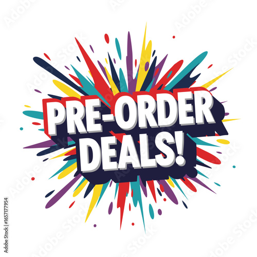 Pre-Order Deals! Comic book style explosion advertising banner for sales and promotions. Vector illustration for online shopping and retail offers.