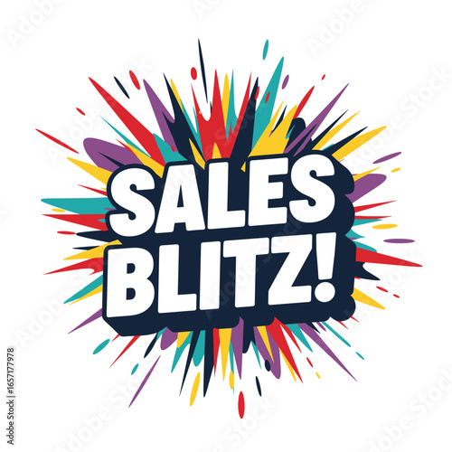 Sales Blitz! text on a colorful explosion background. Comic book style pop art vector illustration for promotion, advertising, and special offers.