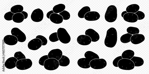 A collection of black potato silhouettes, shown as single tubers and in piles on a transparent background.