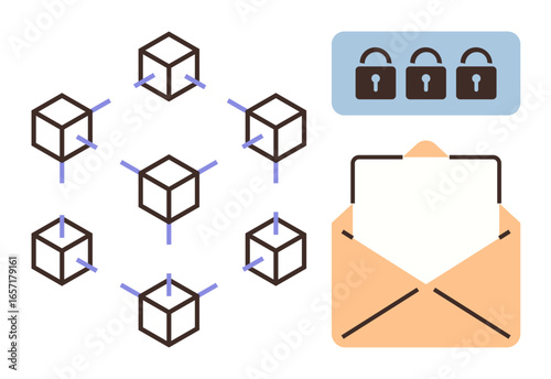 Connected cubes representing blockchain network alongside envelope containing document and locked padlocks. Ideal for security, technology, encryption, data privacy, communication, blockchain