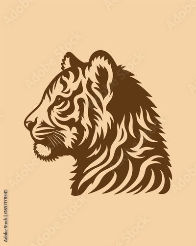 A detailed, textured illustration of a tiger's head in a side profile, rendered in warm brown and black tones. The design features intricate line work to create a sense of texture and depth, highlight