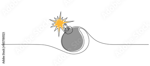 Bomb with burning fuse in a continuous line drawing. Concept of a voltage explosion and a boom with a burning fuse. Vector illustration eps 10