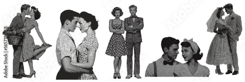 Vintage retro 1950s style couples in love and wedding scenes illustrated in classic halftone graphic print design