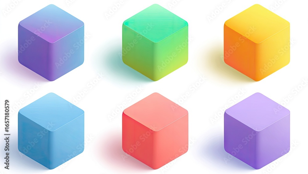 Fototapeta premium Six pastel-colored isometric cubes with gradient shading