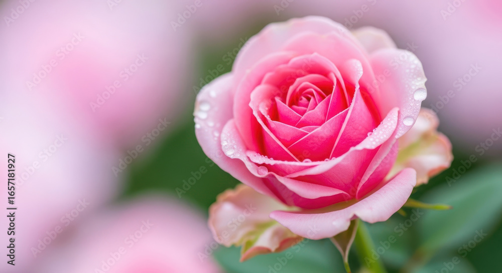 Delicate Pink Rose with Water Droplets in Soft Focus Garden Delicate Pink Rose with Water Droplets in Soft Focus Garden