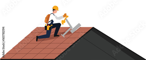 Roofer fixing roof tiles with hammer and safety harness vector illustration in flat design 