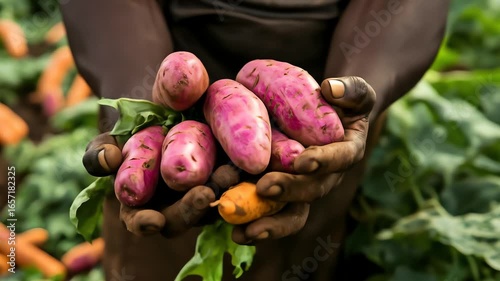 Hands holding pink sweet potatoes in a field