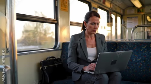 Businesswoman working on laptop on train