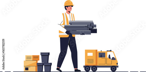 Construction worker carrying metal pipes with forklift and stacked boxes in warehouse scene vector illustration 