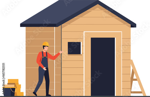 Man constructing wooden shed with tools and ladder in simple vector illustration design 