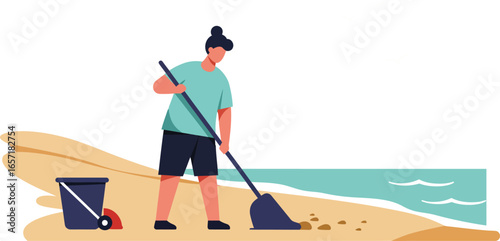 Man Cleaning Beach Shoreline with Bucket and Broom Vector Illustration in Summer Scene 