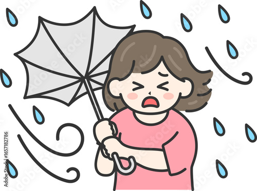 台風の日に傘が裏返ってしまった、私服姿の女性のイラスト｜強風・大雨・台風の日