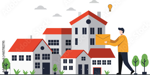 Real estate agent delivering mail to residential houses in neighborhood with red roofs and greenery vector illustration 