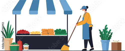 Street vendor cleaning market stall with fresh produce and plants in urban setting vector illustration 