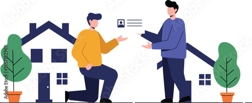 Real estate agent offering home buying consultation with client near residential houses vector illustration 